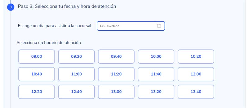 Seleccionamos la hora de atención