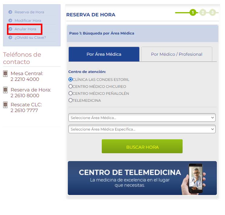 Anular hora en la Clínica Las Condes