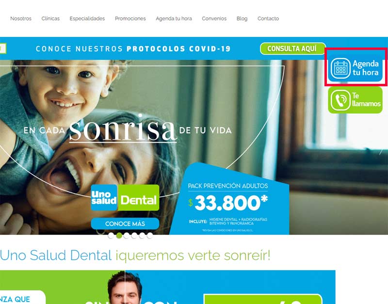 Ingresar a la página web de Uno Salud Dental para reservar hora