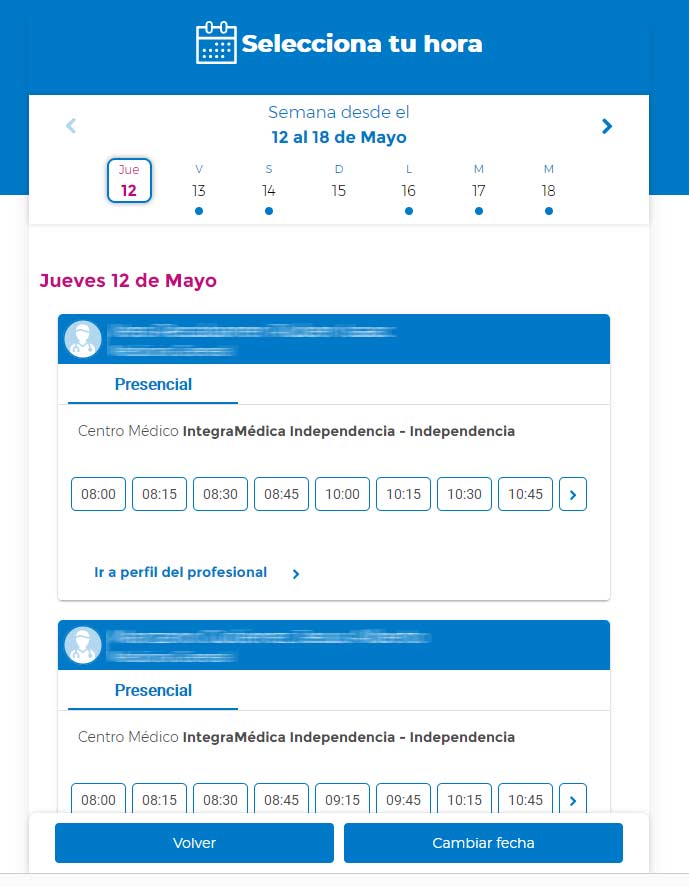 Seleccionar la hora y el día de la cita en IntegraMédica