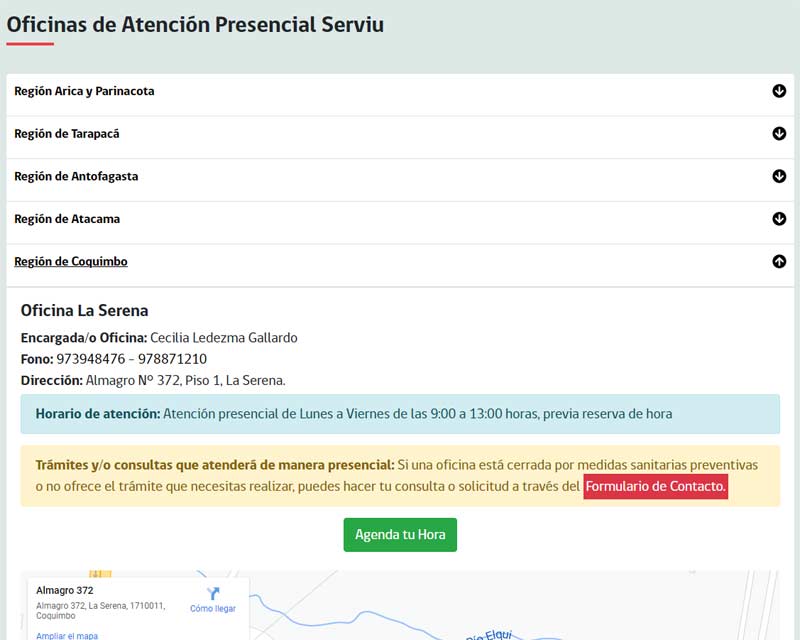 Seleccionar tu región y consultar las oficinas del Serviu